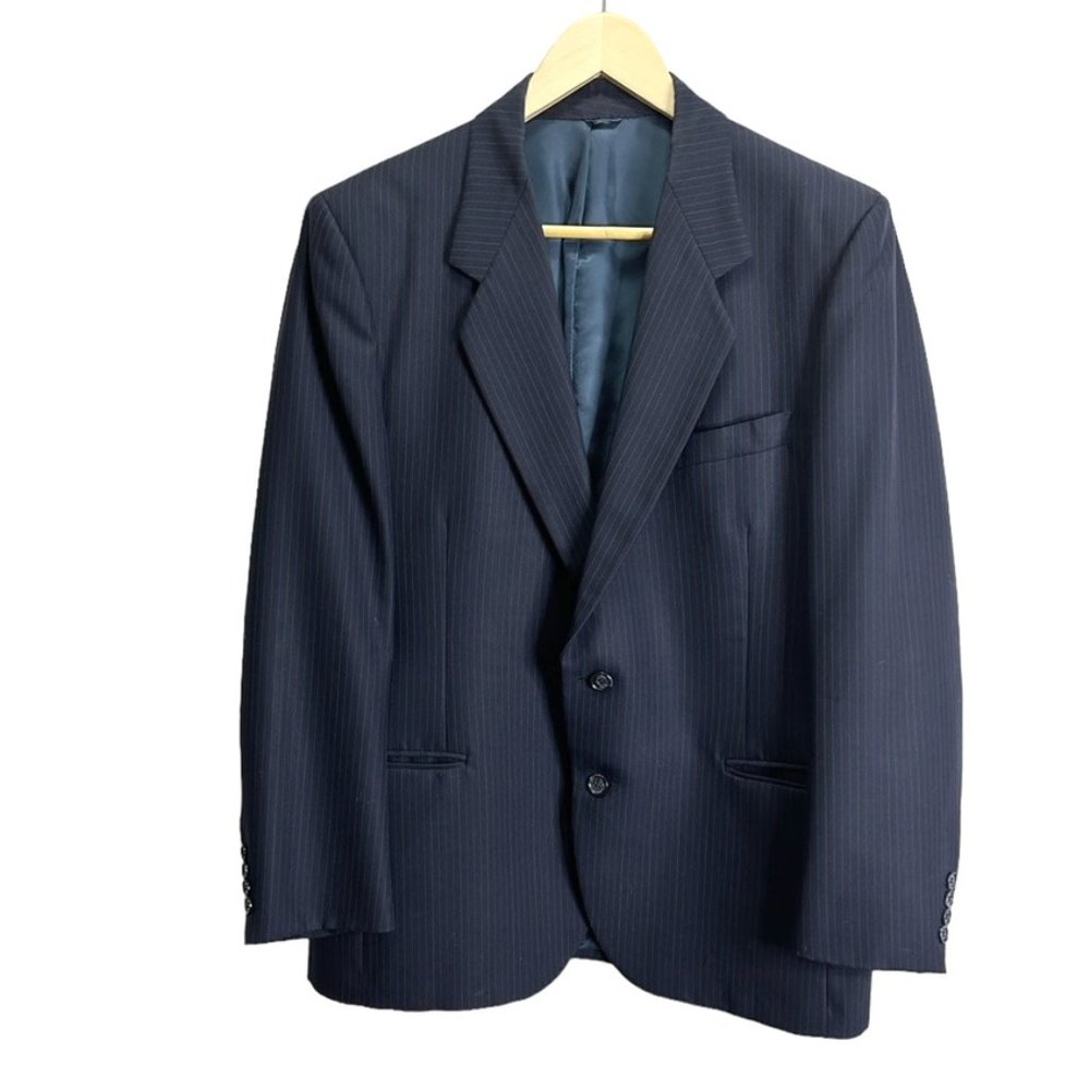 Vintage Yves St Laurent Navy Blue PIn Stripe Blazer Jacket Wool 46R Mens Coat